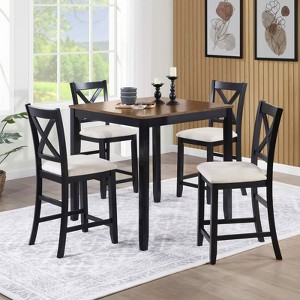 MAYEERTY Set of 4 Wooden Dining Chairs, Padded Upholstered Seat, Dining Room Living Room Kitchen, Black & Beige Two Tone - 1 of 4