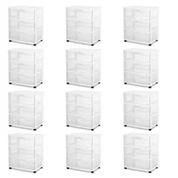 Sterilite At Home Plastic 3 Drawer Wide Storage Cart Container with Removeable Casters for Bathroom, Bedroom, and Dorm Organization (12 Pack)