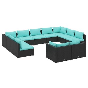 vidaXL Patio Lounge Set Outdoor Sectional Sofa Set Table Garden Poly Rattan - Black and Water Blue 4x Corner 7x Middle - 1 of 4