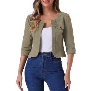 INSPIRE CHIC Women's Collarless Pockets 3/4 Sleeve Crop Denim Jackets - 1 of 4