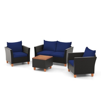 Tangkula 4 PCS Wicker Patio Furniture Set w/ Removable Cushions Storage Coffee Table