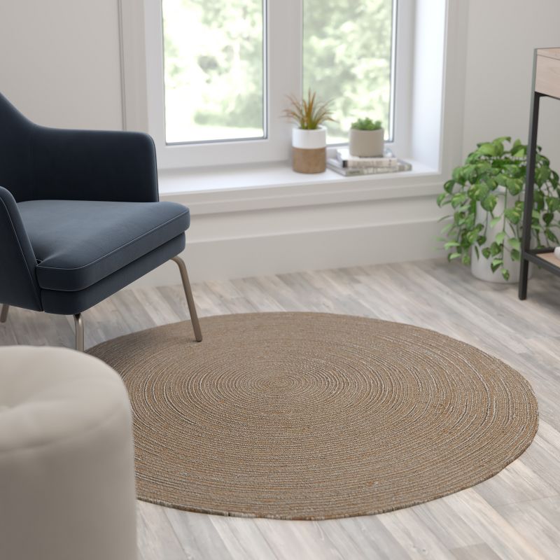 4' Round Braided Solid Jute Area Rug Brown - Flash Furniture, 3 of 8