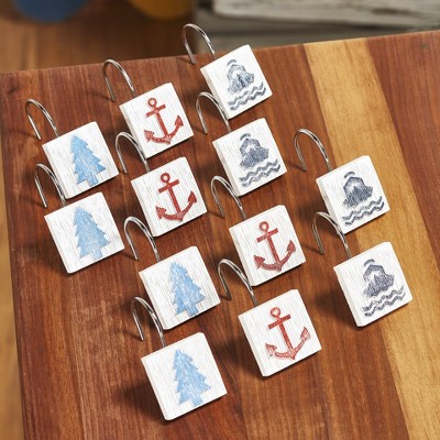 Lakeside Lakewords Shower Curtain Hooks with Anchor, Tree, Boat - Set of 12