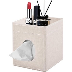 PU Leather Tissue Box Cover with Storage Tray, Square Decorative Organizer for Bathroom Vanity and Office - 1 of 4