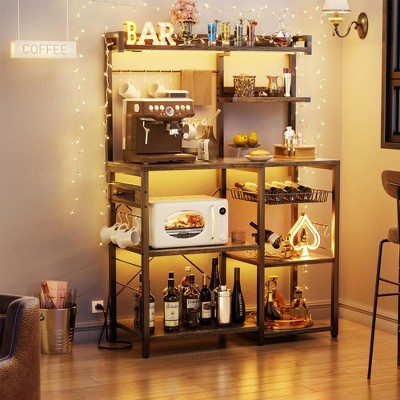 Aheaplus Kitchen Storage Shelf with Hooks, Coffee Bar with Charging Station and Shelves