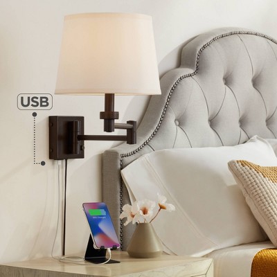 Bronze Swing Arm Wall Lamp with Cream Shade and USB Port