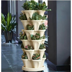 Racxily 16-Piece 5Tier Stackable Vertical Garden Planters with Wheels¨CDurable Indoor/Outdoor Plastic Planters for Flowers,Veggies,Strawberries&Herbs - 1 of 4