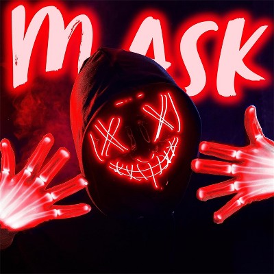 Joyfy Halloween Led Light Up Mask & Gloves for Halloween Cosplay Costume, 3 Modes Glow in The Dark Mask for Adult, Dress Up Party Accessories, Red