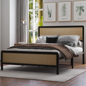 Rattan  Bed Frame with Natural Cane Headboard, Boho Platform Bed Frame, No Box Spring Needed - 1 of 4