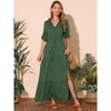 INSPIRE CHIC Women's V Neck Half-Sleeve Drawstring Waisted Tiered Slit A-Line Maxi Dress with Pockets - 3 of 4