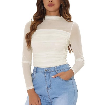INSPIRE CHIC Women's Solid Mock Neck Mesh Sheer Long Sleeve Ruched Blouses