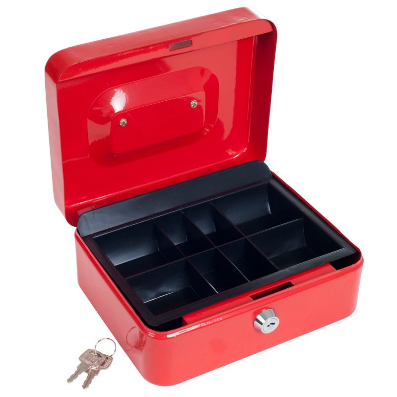 Lockbox Safe with Coin Compartment Tray- Secure and Organize Small Valuables in Key Locked Durable Powder Coated Metal Cash Box Safe- Red by Stalwart, 3 of 4
