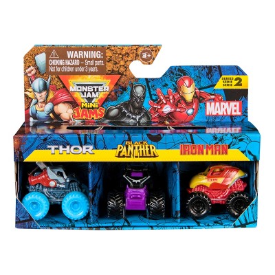 Monster Jam Marvel Mini Monster Truck and Thor Black Panther Iron Man Diecast Monster Truck Vehicle - 3pk