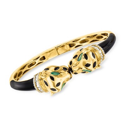 Ross-Simons 1.30 ct. t.w. White Zircon and .60 ct. t.w. Green Chrome Diopside Panther Bangle Bracelet in 18kt Gold Over Sterling With Black Enamel
