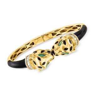Ross-Simons 1.30 ct. t.w. White Zircon and .60 ct. t.w. Green Chrome Diopside Panther Bangle Bracelet in 18kt Gold Over Sterling With Black Enamel - 1 of 4