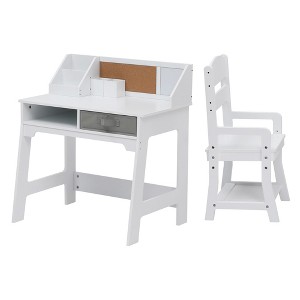Kids Desk and Chair Set, Study Desk and Adjustable Chair Set with Hutch, Cork Board, Drawers, Pen Holders, Homework Table Art Table, White - 1 of 4