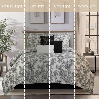 Queen Black and White Floral Jacquard Comforter Set