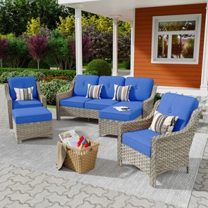 XIZZI 5 Pieces Wicker Furniture, Outside Conversation Set, 3-Seat Sofa with Cushion, High Back Rattan Chairs and Ottomans for Garden Backyard - 1 of 4