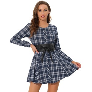 INSPIRE CHIC Women's Plaids Long Sleeves Belted Mini A Line Shirt Dress - 1 of 4