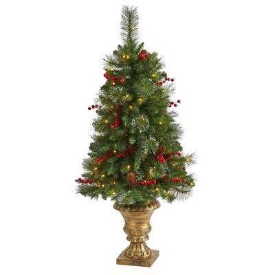 Nearly Natural 4’ Pine, Pinecone and Berries Artificial Christmas Tree with 100 Clear LED Lights in Decorative Urn