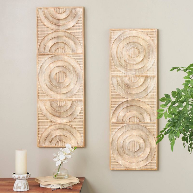 Olivia &#38; May Set of 2 Wood Geometric Carved Panel Arch Wall Decors with White Linear Markings Light Brown, 2 of 8