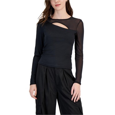 Crave Fame Womens Asymmetrical Mesh Long-Sleeve Top Knit Blouse