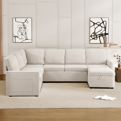 Vipbear 101'' Large Premium Modern Linen U Shaped Sofa Bed 7 Seat with Pull Out Bed,Oversized Convertible Couch with Storage Ottoman,Gray/Green/Beige