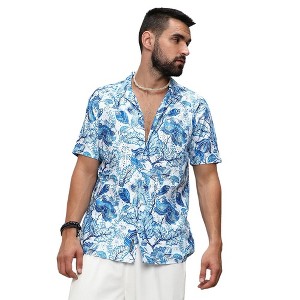 Campus Sutra Men Men's Chalk White:Indigo Blue Mesh Foliage Shirt - 1 of 3