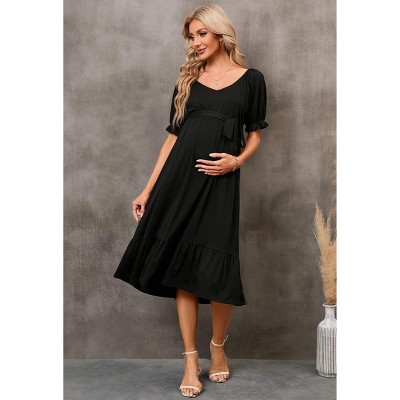 Womens Maternity Dress Summer V Neck Short Sleeve Ruffle Belted Baby Shower Dress