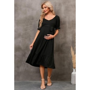 Womens Maternity Dress Summer V Neck Short Sleeve Ruffle Belted Baby Shower Dress - 1 of 4