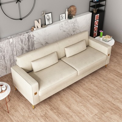 SKRAN Luxury Velvet Sofa with Gold Accents Modern 3-Seat Couch with Plush Cushions for Living Room and Office Decor (Beige)