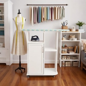 ORRD Solid Wood Folding Ironing Board with Storage Cabinet, Heat Resistant Sponge and Wheels for Small Spaces, Laundry Room - Antique White - 1 of 4