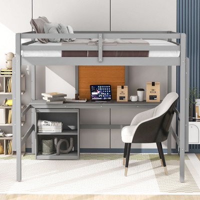 NicBex Full Size Bunk Bed with Desk Loft Bed Pine Frame Bed Frame with Writing Board, Lockers, Guardrails and Ladder, No Box Spring Required