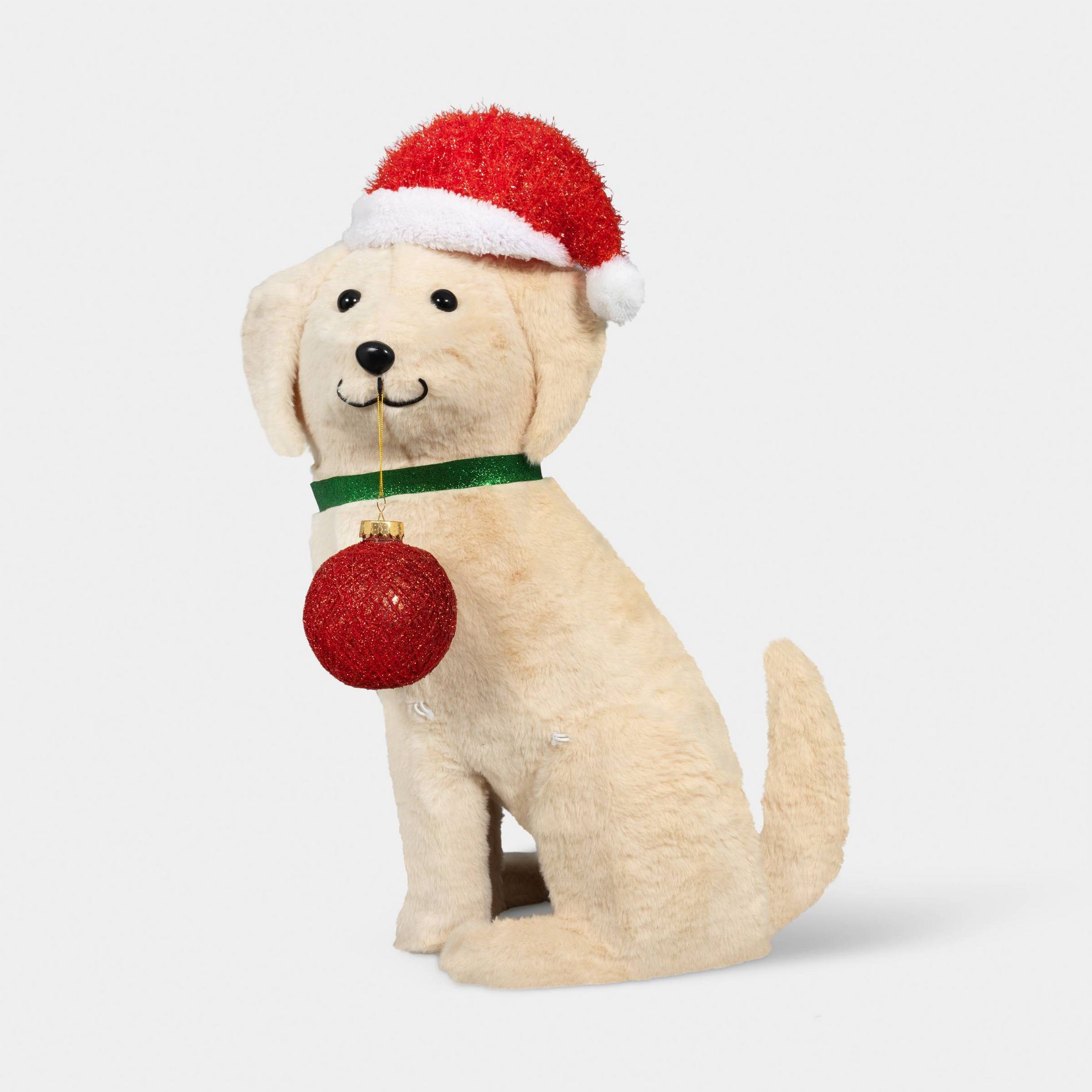 25" Christmas FauxFur Retriever with Santa Hat and Red Ornament - Wondershop™