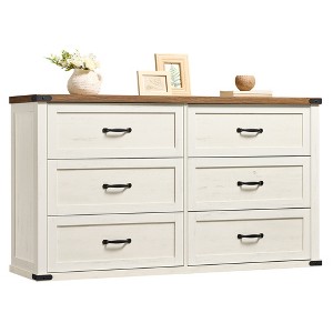 6-Drawer Dresser, 54 Inch Farmhouse Chest of Drawers with Metal Handles, TV Stand for Bedroom Living Room, Rustic White - 1 of 4