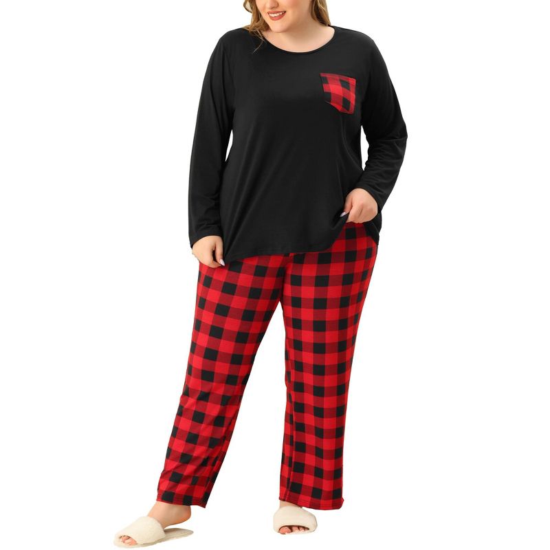 Agnes Orinda Women's Plus Size Check Stretch Glen Plaid Long Sleeve Pocket Casual Pajama Sets, 1 of 6