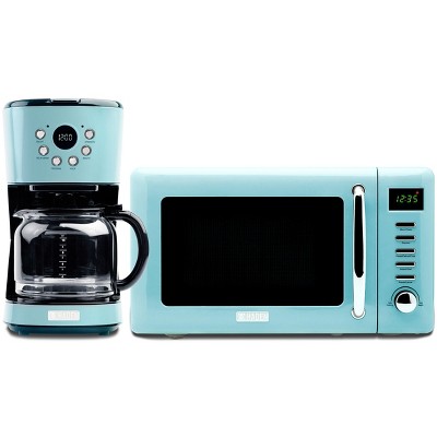 Haden Heritage 12 Cup Programmable Vintage Retro Home Coffee Maker Machine with Vintage Retro 0.7 Cu Ft 700W Countertop Microwave Oven, Blue