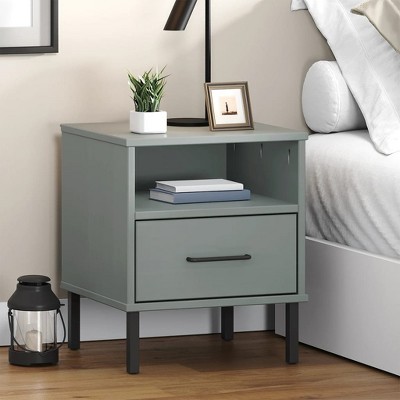 vidaXL Bedside Cabinet with Metal Legs Gray Solid Wood Pine OSLO