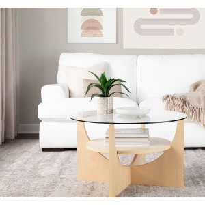 PAGED Modern U-Shaped 2-Tier Wooden Round Coffee Table with Clear Glass Top,Minimalist Design Tea Table Center Table for Living Room,Bedroom - 1 of 4