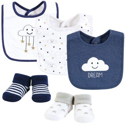 Hudson Baby Infant Boy Cotton Bib and Sock Set, Navy Cloud, One Size