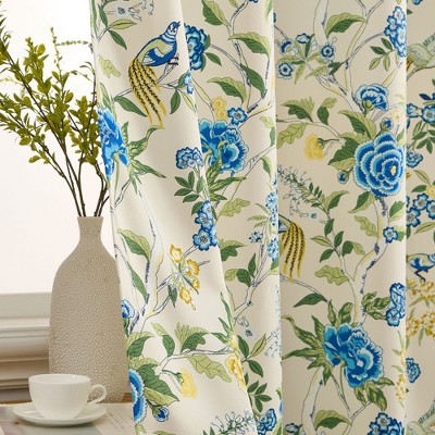HLC.ME Scarlet Floral & Birds Patterned Window Back Tab Rod Pocket Curtains - Light Blocking Window Panels, Set of 2