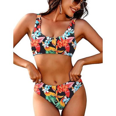 AI'MAGE Women Ribbed Bikini Sets Sporty Swimsuits Scoop Neck Two Piece Bathing Suits High Cut Bikini XS-XXL
