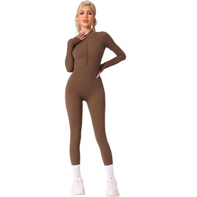 Allegra K Women's Stand Collar Ribbed One Piece Workout Fitness Full Body Shapers with Front Zipper