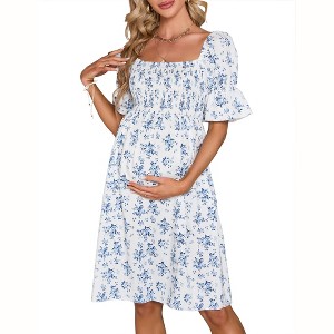 Clearlove Women's Floral Print Square Neck Shirred Puff Sleeve Maternity Dress Nursing Friendly Bump Flowy Maxi - 1 of 4