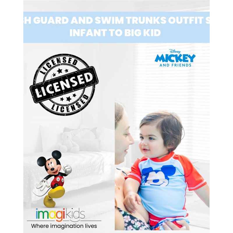 Disney Mickey Mouse Surfboard UPF 50+ Rash Guard shirt & Swim Trunks Outfit Set Toddler, 2 of 8