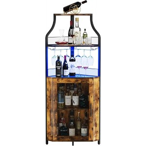 30-Bottle Wood Metal Corner Wine Bar Cabinet with Removable Rack, Adjustable Shelves, LED Lighting Option for Kitchen, Living Room - 1 of 4