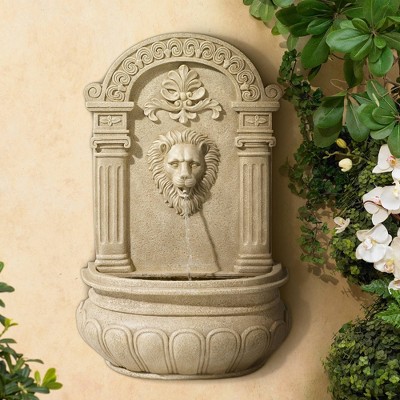Sandstone Lion Face Outdoor Wall Water Fountain with Ionic Columns