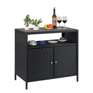 Storage Cabinet with Wicker Wood Tabletop - Patio Bar Table with Two Doors and Shelves, Bar Cabinet for Garden, Pool, Kitchen - 1 of 4