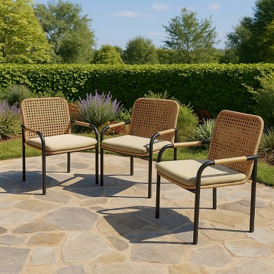 3-Piece Outdoor Dining Chairs Set,Rattan Backrest,All-Weather Wicker Chairs with Removable Cushions for Garden and Porch - The Pop Home