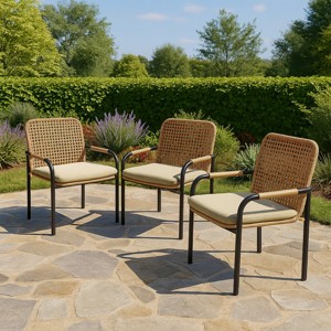 3-Piece Outdoor Dining Chairs Set,Rattan Backrest,All-Weather Wicker Chairs with Removable Cushions for Garden and Porch - The Pop Home - 1 of 4